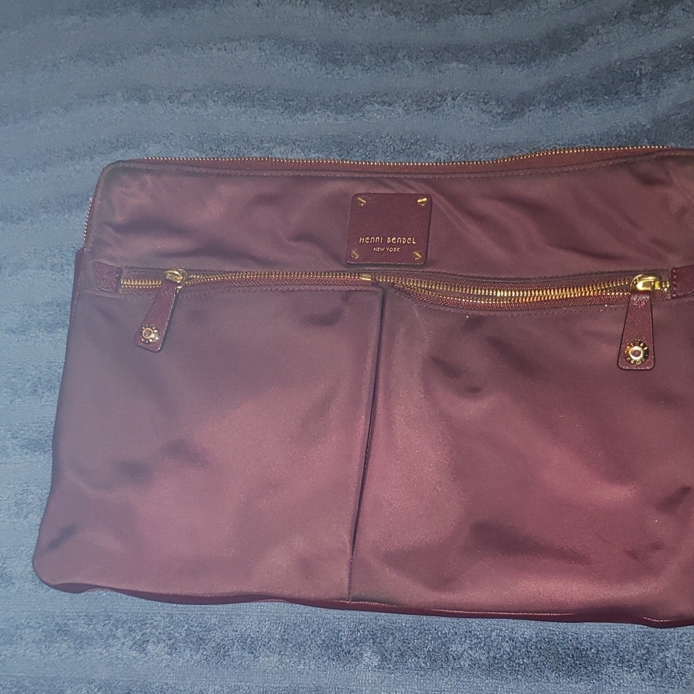 Henri Bendel Burgundy Clutch with Gold Details Satin Outside And Inside